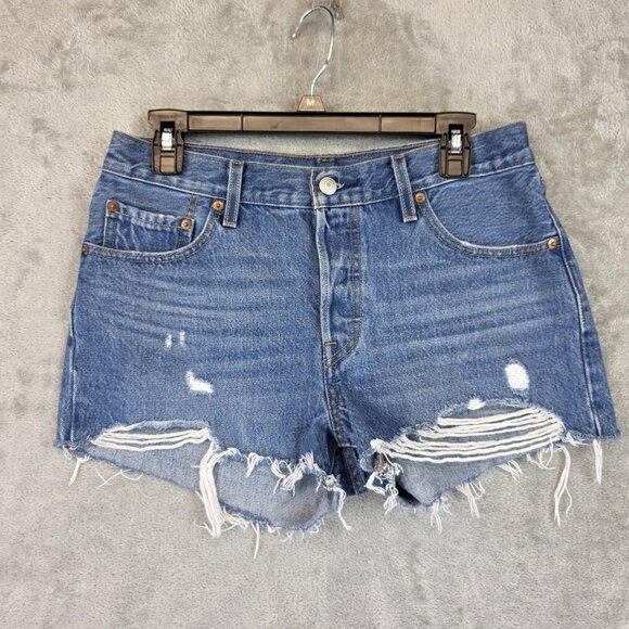 Levis 501 Shorts Womens Size 28 Blue Denim Jean Button Fly Distressed Frayed Hem - Picture 1 of 12